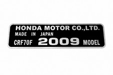 Honda CRF70F 2009 Non-OEM ID Plate, Frame Head Tube Tag. All Years Available