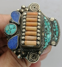 Handmade Vintage Nepali Tribal Ring Coral Turquoise Inlay Ethnic Boho Jewe