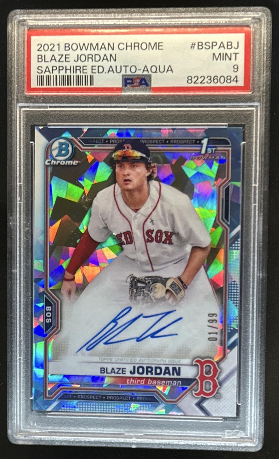 2021 Bowman Sapphire Blaze Jordan Chrome Auto Aqua Refractor #/99 Red Sox PSA 9 view 1