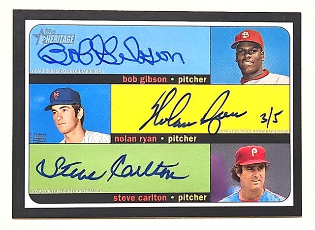 2020 Topps Heritage Bob Gibson Nolan Ryan Steve Carlton Triple Auto #3/5 Grail