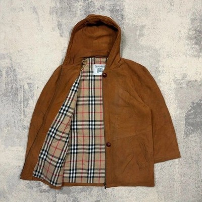 80er Burberry Lederjacke Damen M/L UK Made Nova Check Futter hellbraun