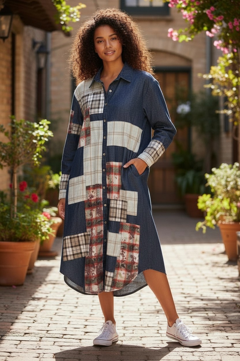 Origami Long Denim Patchwork Duster Medium With P… - image 1