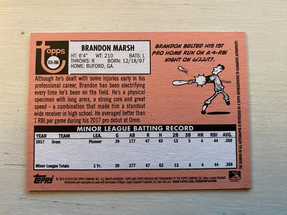 2018 Topps Heritage Minor League - Real One Autographs Brandon Marsh ( RC )  - Image 2 of 3