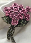 PINK Enamel Rhinestone Roses Vintage Avon Gorgeous Flowers Wedding Brooch 24f6
