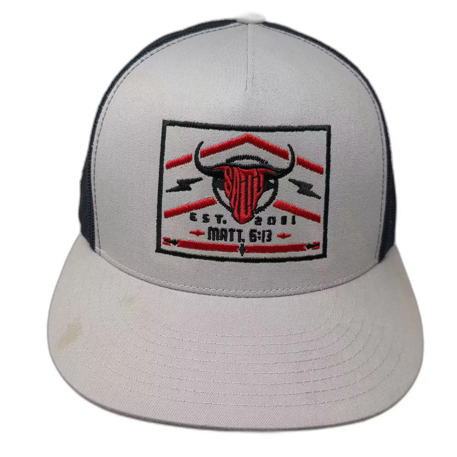 Yupoong 5 Panel Gray Black Snapback OS Mesh Bull Stay EST 2011 Matt 5:13 Hat