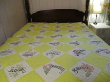 VINTAGE 48 STATES FLOWERS HANDSTITCHED EMBROIDERED QUILT-SCALLOP EDGE-78x96.5EVC