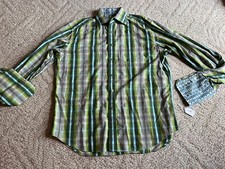 Robert Graham Shirt Button Up Men s Large Green Stripe Classic Fit French Cuff