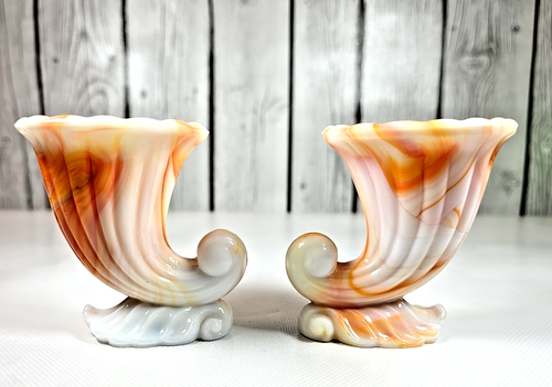 Vintage NYC Vogue Merc Orange Creamsicle Slag Glass Horn of Plenty Set Of 2 - Picture 3 of 6