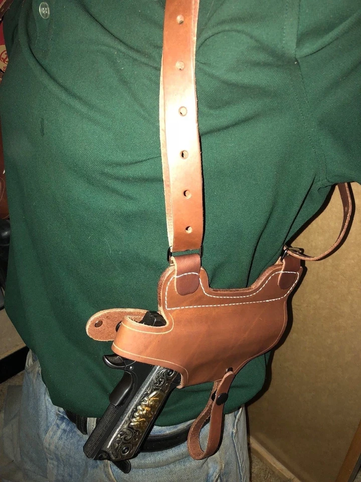Leather Shoulder Holster & Dual Magazine Pouch Horizontal Fits Glock 19 & 23 USA - Image 3 of 4