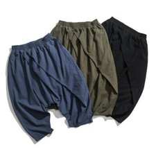 Men Drop Crotch Pants Trousers Shorts Pleated Retro Ethnic Chinese Hippe