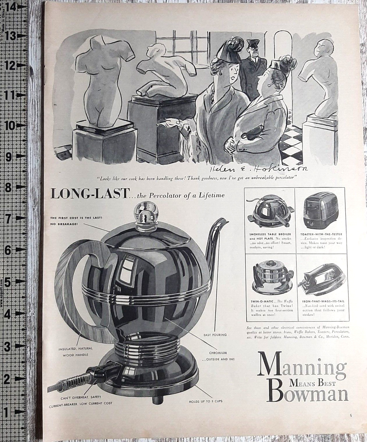 1941 Manning Bowman Vintage Print Ad Percolator Toaster Broiler Waffle Iron B&W