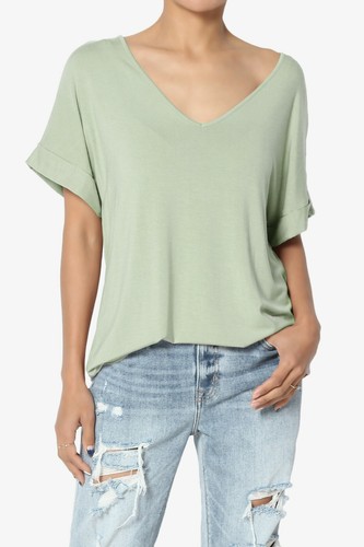 TheMogan S~3X Wide V-Neck Cuffed Short Sleeve Curved Hem Luxe Jersey Top - Picture 159 of 212