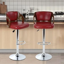 Set of 2 Bar Stools Adjustable Counter Height w/Back Arms Swivel Leather Chairs