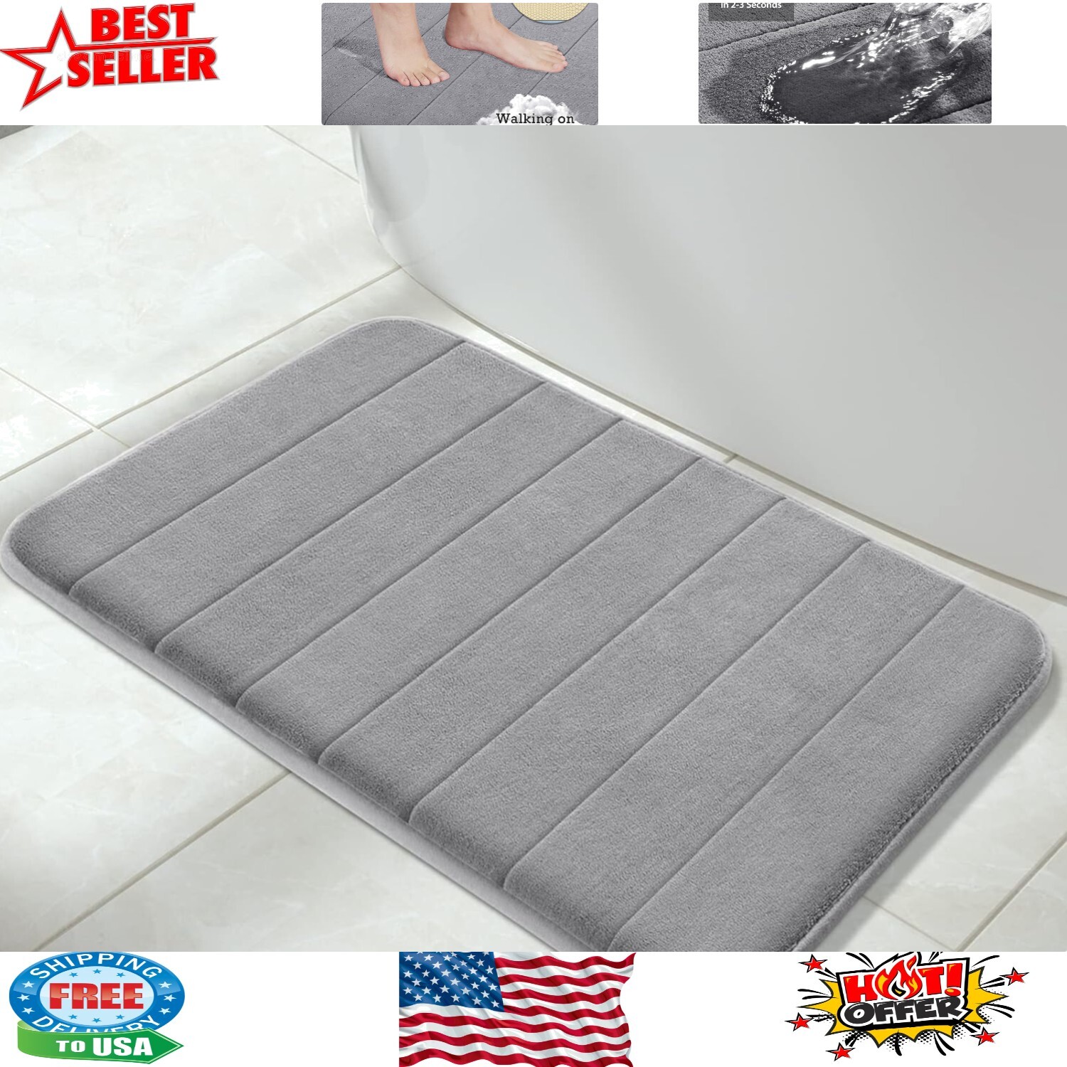 Grey Memory Foam Bath Mat Super Absorbent Soft Non-Slip 31.5x19.8 Inches