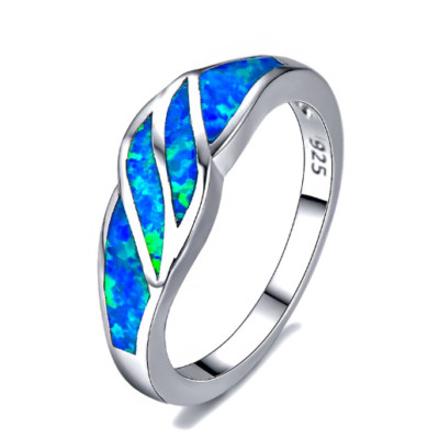 Ocean Wave Beach Blue Fire Opal Curve .925 Sterling Silver Wedding Band Rings