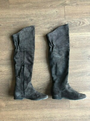 Stiefel Flach Overknee Stiefel Grau Leder Extralanger Longpoint