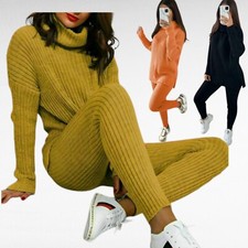 Ladies Women's Chunky Knitted High Roll Neck Top Bottom Loungewear Tracksuit Set