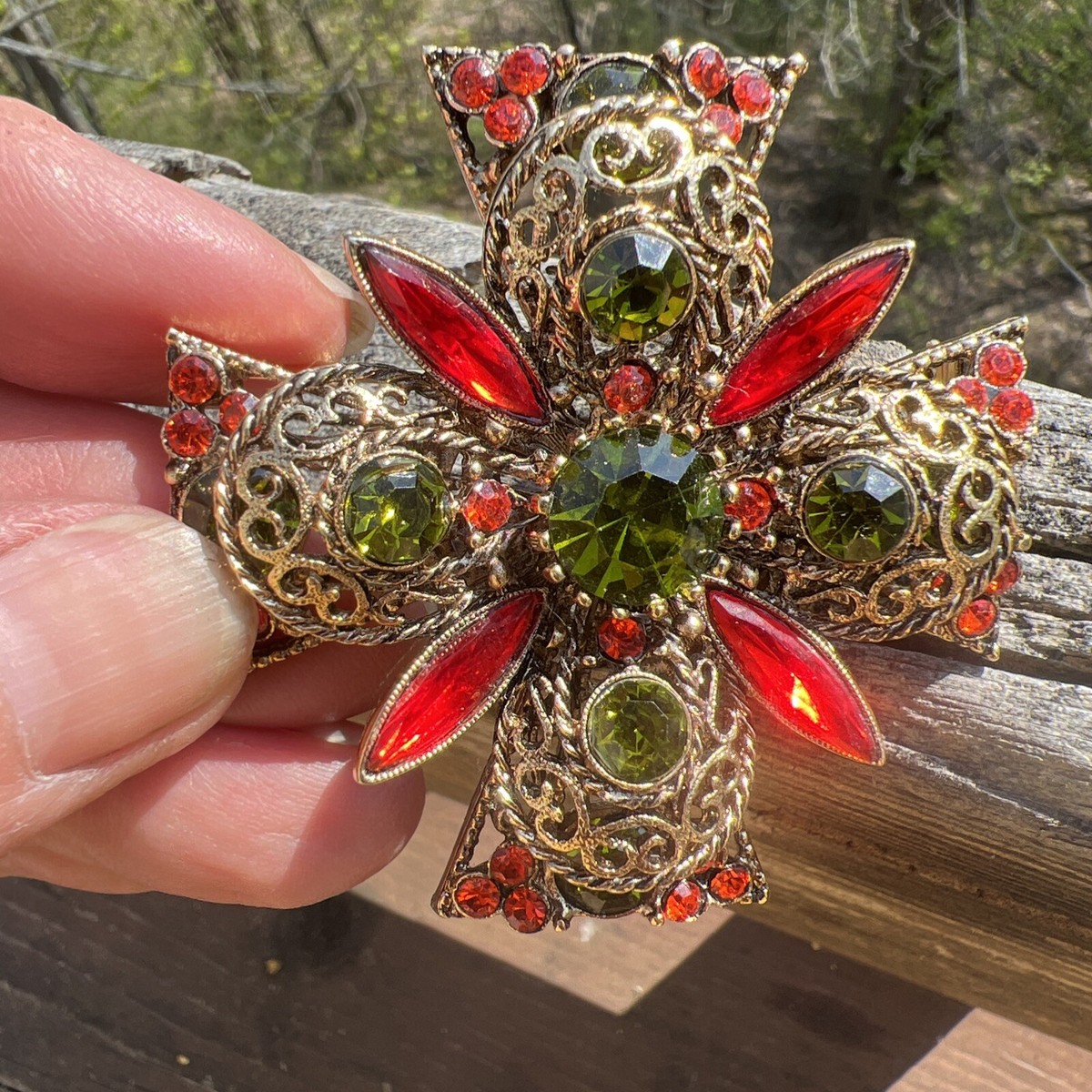Stunning Vintage Emmons Maltese Cross Brooch Rhinestones Filigree
