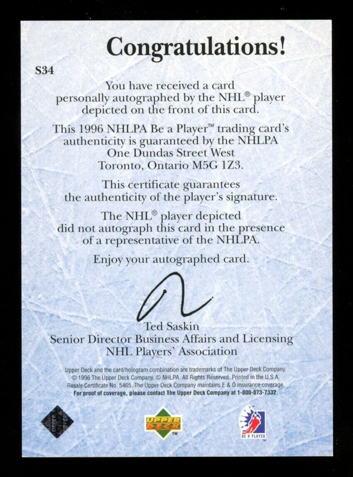 1995-96 Upper Deck Be a Player NHL Hockey Autograph #S34 Valeri Bure Signed Card - Image 2 of 2