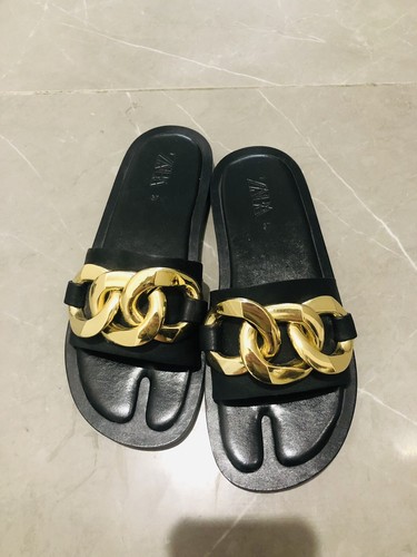 Zara women Black Flat Sandals with gold chain_Size 37 | eBay