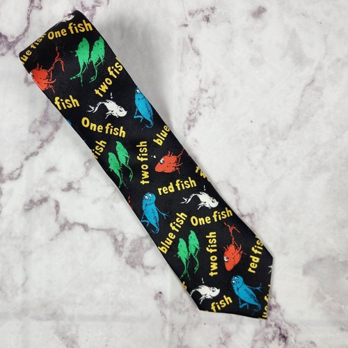 Dr. Seuss Red Fish Blue Fish Silk Neck Tie Black Vintage 1994