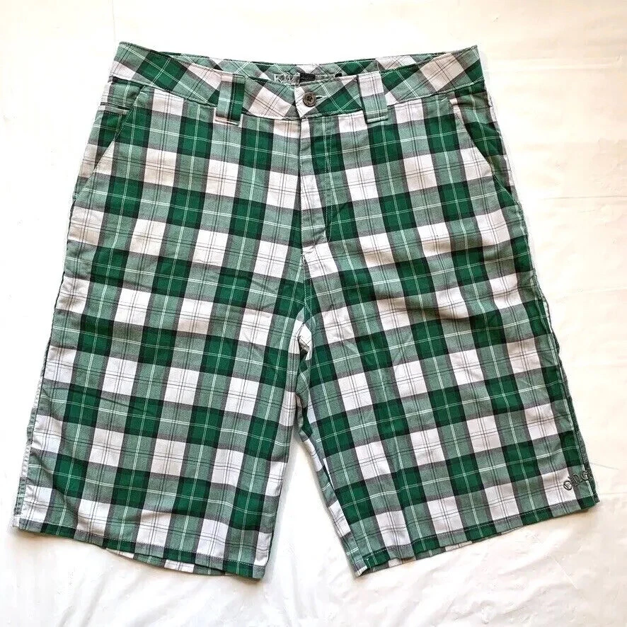 O'Neill Shorts Men 34 Green White Plaid Bermuda Flat Front Casual Hippie