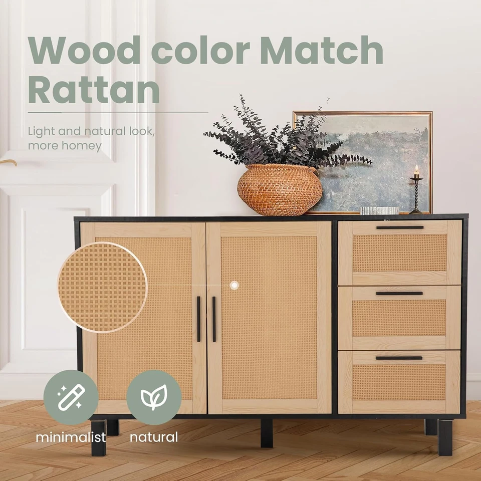 Natural Rattan Storage Cabinet Buffet Sideboard Cabinet with 3 Drawers & Doors - Image 4 of 4