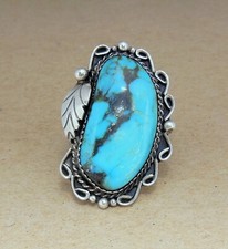 Beautiful Vintage Navajo Feather Sterling Turquoise 1 1/2" Long Statement Ring 6