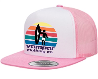 Vampar Clothing Co Ladies Flat Bill Trucker Hat Pacific Sunset '77 Multi- Colors