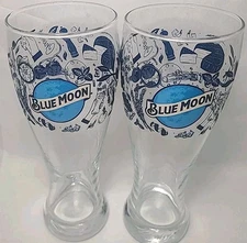 (2) Blue Moon Beer Drinking Glasses-22oz. BELGIAN-Style Salute Etched Pre-owned 