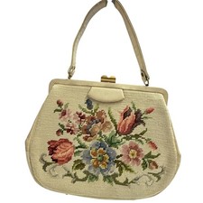 Vintage Women Needlepoint Handbag Cream Floral Clasp Bag 50 60s