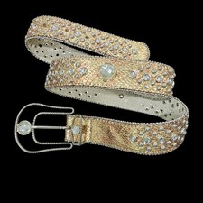 Metallic Gold Copper Snake Embossed Leather Belt Rhinestones Studs Bling Sz M