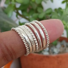 Handmade Sterling Silver Stacking Rings Set: Twisted, Hammered, Beaded All Size