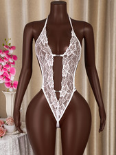 White Lace Teddy Bodysuit Sheer Cutout Halter One Piece Lingerie size Large