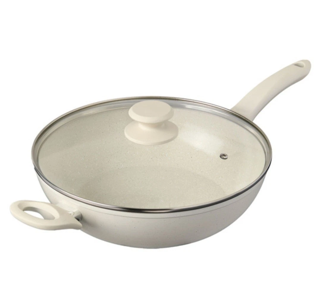 Crofton 3.6QT Cream Ceramic Saute Pan with Lid Speckled Round