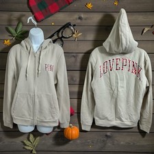Victoria's Secret PINK Full Zip Hoodie Sz XL Neutral Beige Fleece Sweatshirt