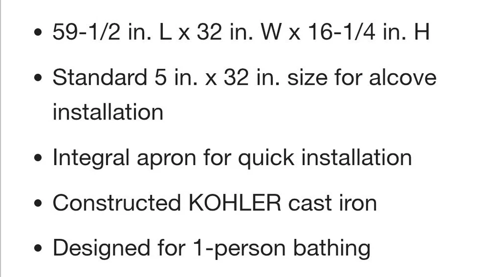 Kohler Mendota K-26068 60" x 32" Alcove Bath Righ Drain Enameled Cast Iron WHITE - Image 4 of 4