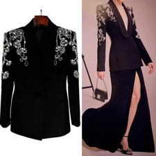 Women Black Beaded Suit Jacket Crystals Single Breasted Shawl Lapel Wedding