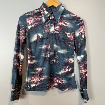 TGL Stockholm Disco Shirt Pointed Collar Polyester Womens Size Small Vintage 70s