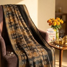 Sanskriti Vintage Saree Black Pure Crepe Floral Print Sari 5.5 Yard Craft Fabric