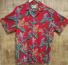 Paradise Found Jungle Bird Red Cotton magnum pi Hawaiian Shirt Large 80s Vtg usa