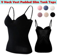 Womens Camisole Tops With Built in Bra Ladies V Neck Vest Padded Slim Tank Tops