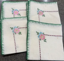 4 Vintage Homemade Embroidered 10" x 10" Cloth Napkins Or Dollies