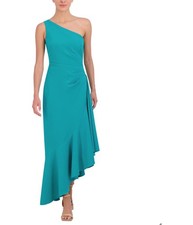 Eliza J Womens Solid Ruffled One Shoulder Midi Dress, Green, 14