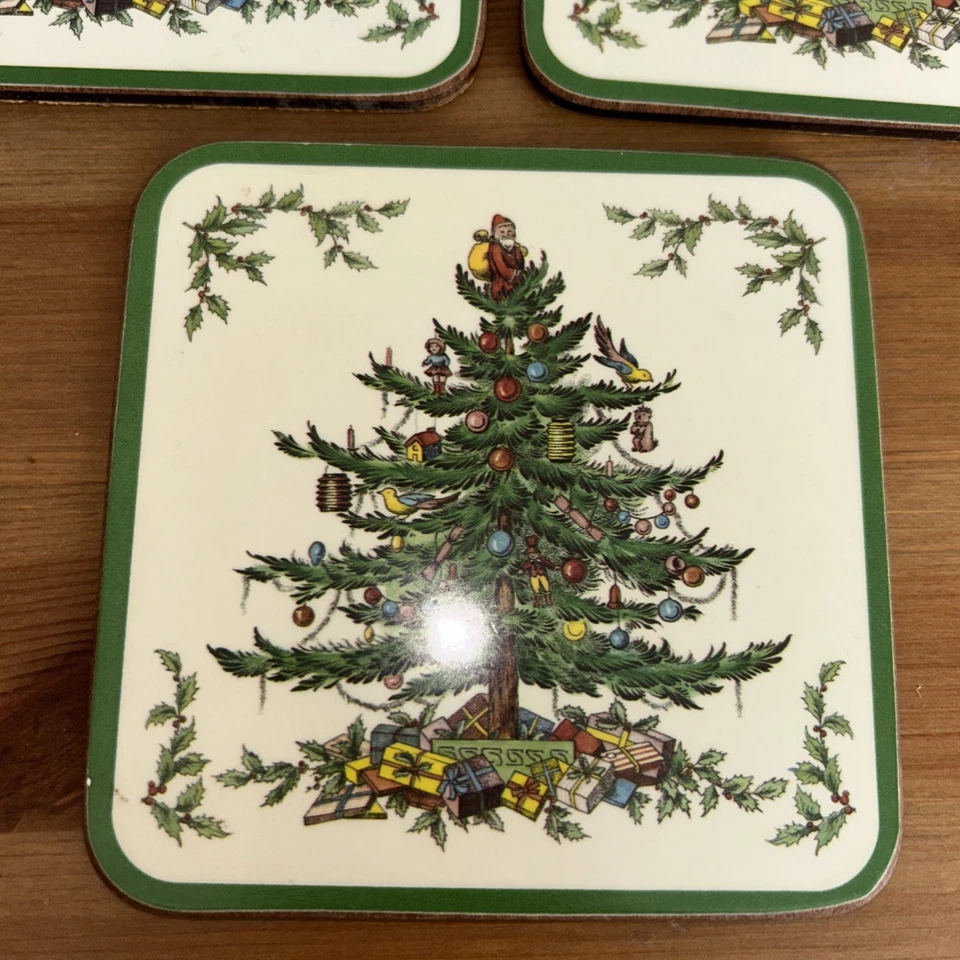 VTG Spode Christmas Tree Coasters Pimpernel Set of 3 Cork Backed 4X4 - Image 3 of 4