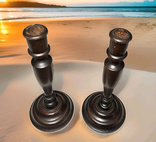 Set of 2 11" Wooden Candlesticks Spindle Style Wood Vintage