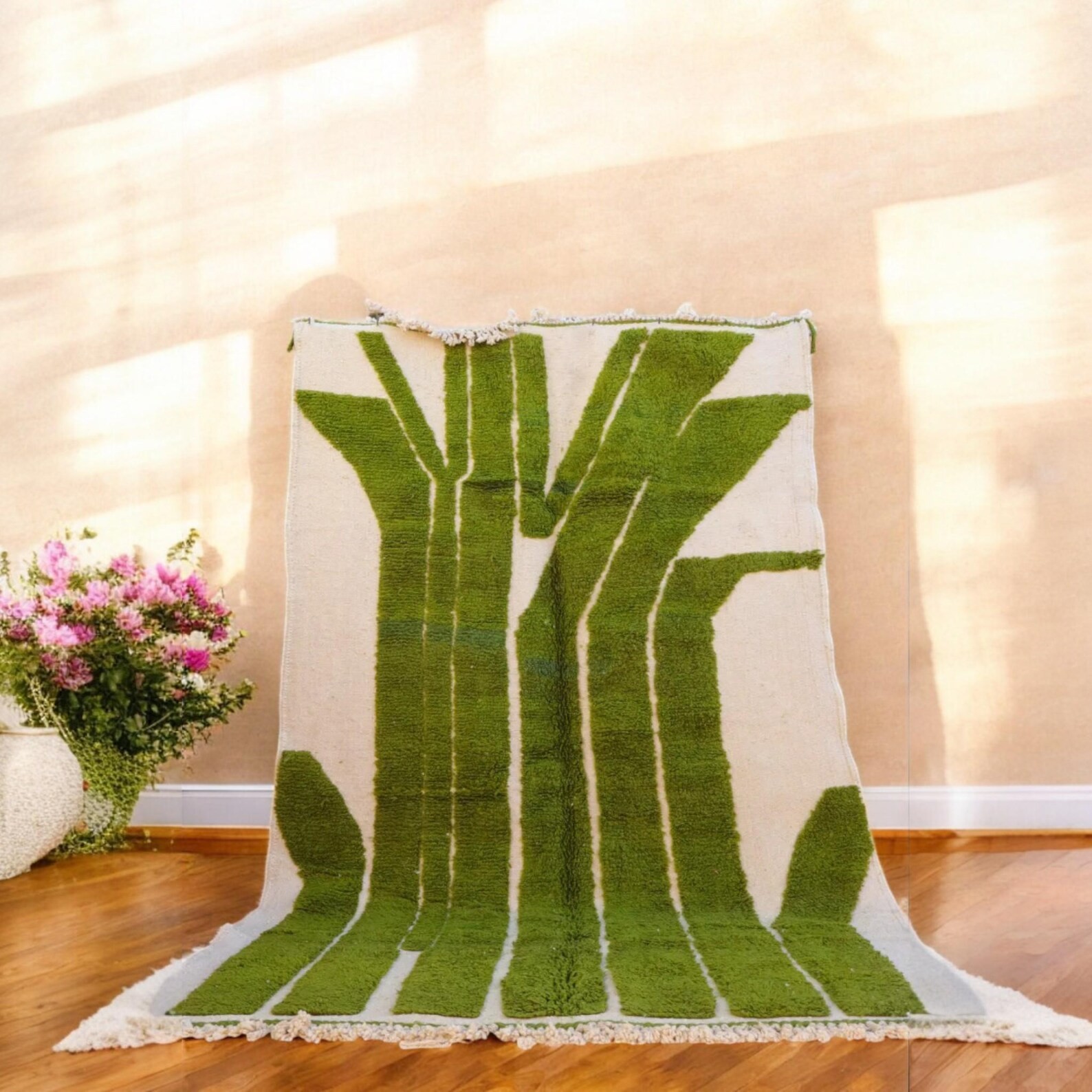 Hand Knotted Moroccan Berber Wool Rug Color Green Handmade Design Carpet Rug