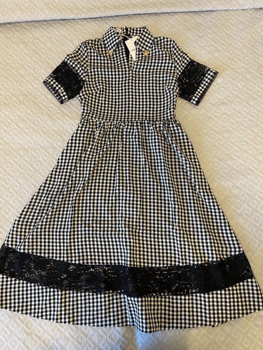 Valentino Black & White Gingham Midi Dress with Lace Details Valentino Black & White Gingham Midi Dress with Lace Details