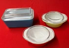 Three Vintage Pyrex Dishes.  Blue 502 Refrigerator Dish with Lid;