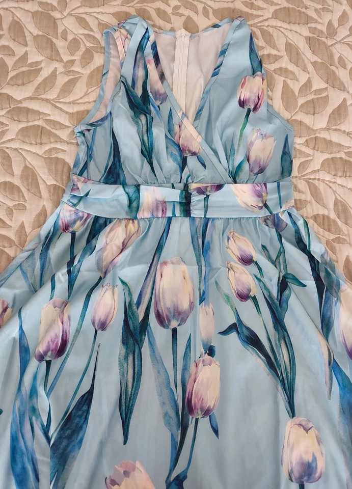 Duna Robe maxi bleu motif floral col V sans manches doublée taille S - Photo 3/4